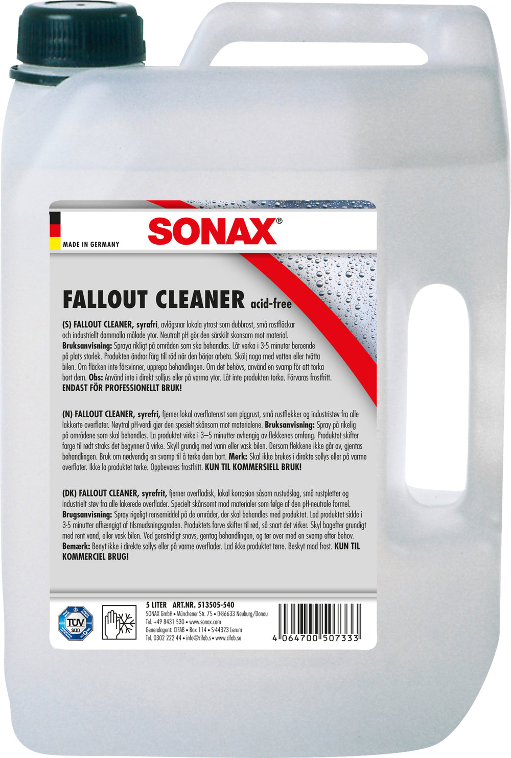 SONAX Fall Out Cleaner Flygrostborttagare 5L – Kraftfull syraaktiv rost- och oxidborttagare