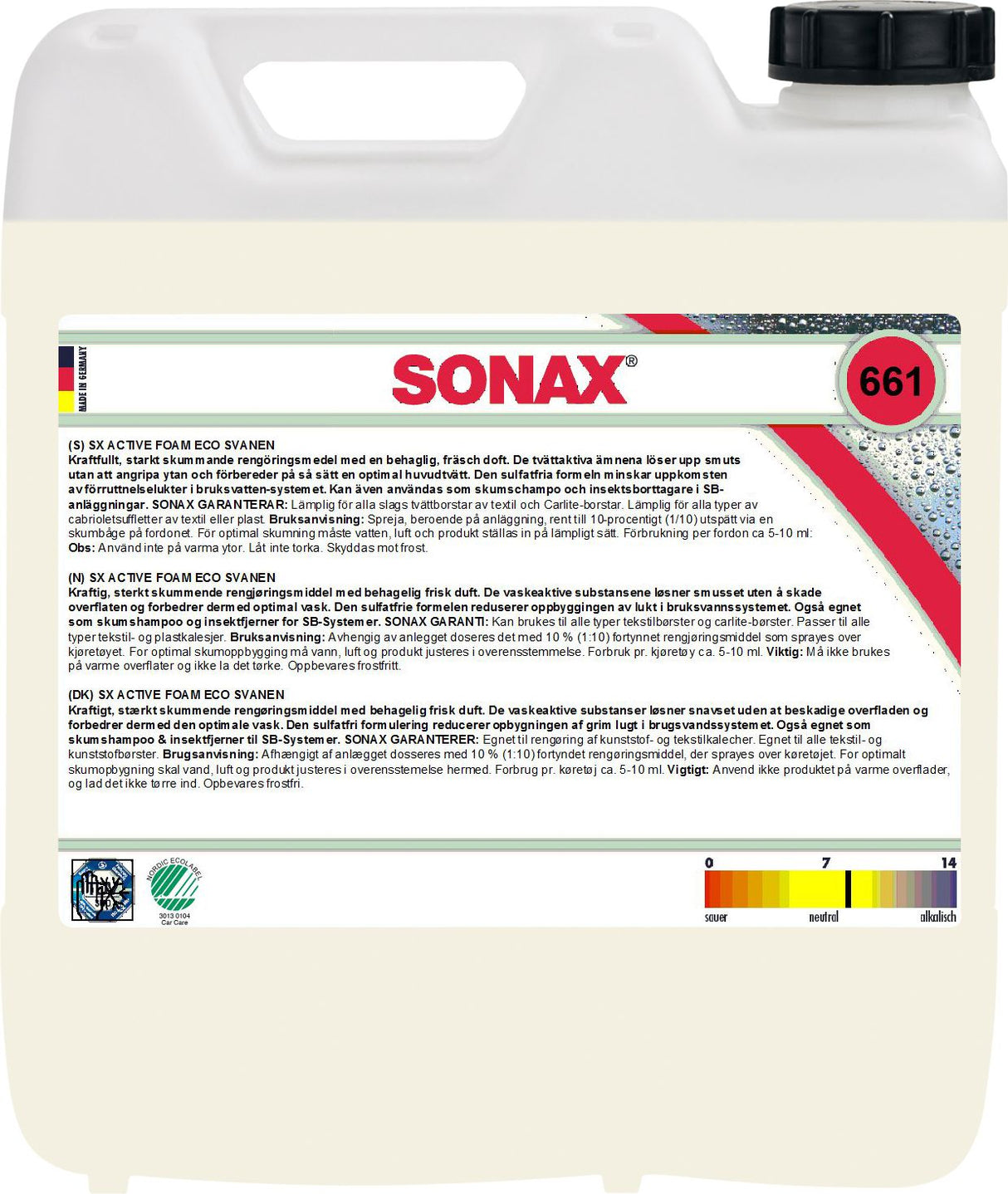 SONAX Active Foam Svanen 10L – Sulfatfri aktivt skumschampo för fordonstvätt