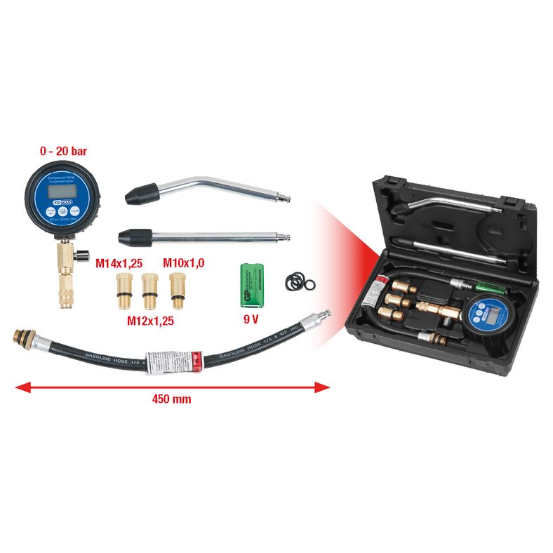 KS TOOLS Kompressionstestare-sats, digital, 7-delars