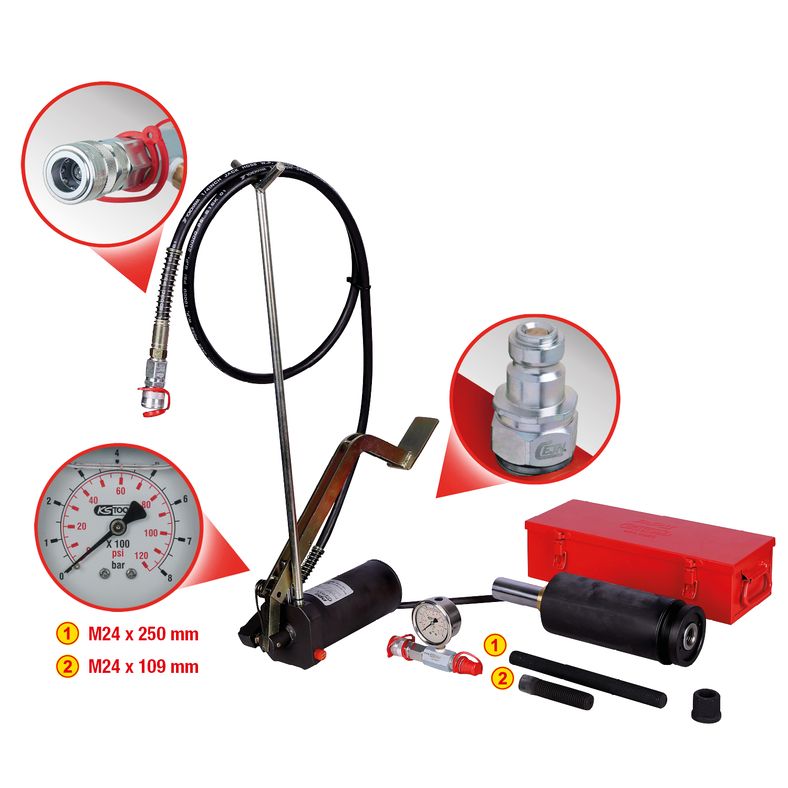 KS TOOLS Hydraulenhet 32 ton, med hydraulpump och manometer, 11-delars