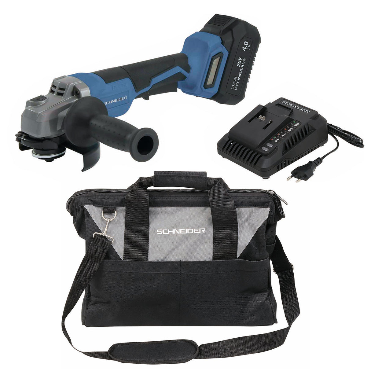 Schneider Vinkelslipmaskin 20V 125 mm – Komplett kit med 4Ah batteri, laddare och väska