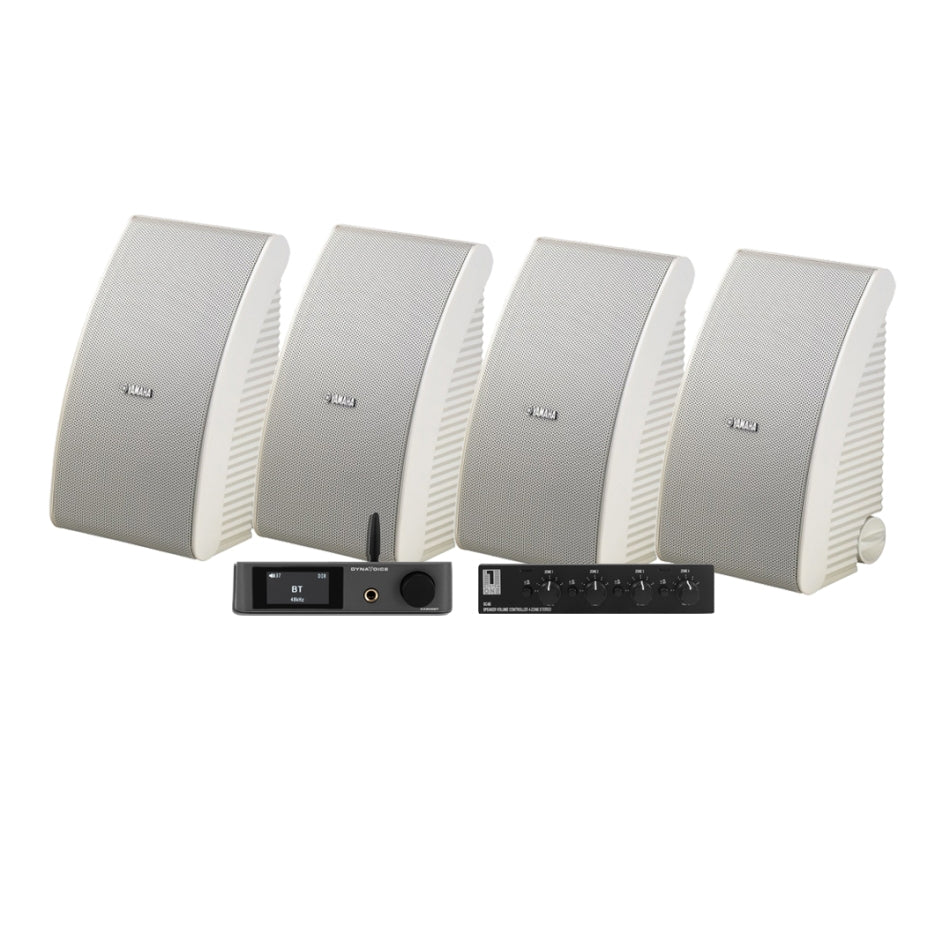 4-pack Yamaha NS-AW592 i vitt med Dynavoice CA802BT och SC4B, utomhuspaket