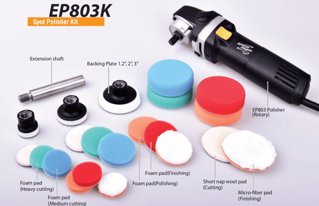 ShineMate EP 803 – Kompakt roterande polermaskin med förlängare och komplett tillbehörskit