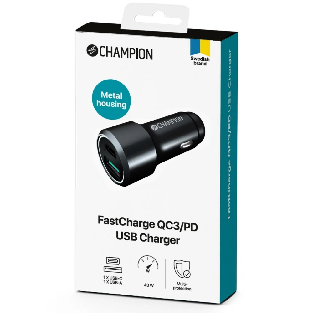 Champion FastCharge USB-B/C billaddare Duo, 43W