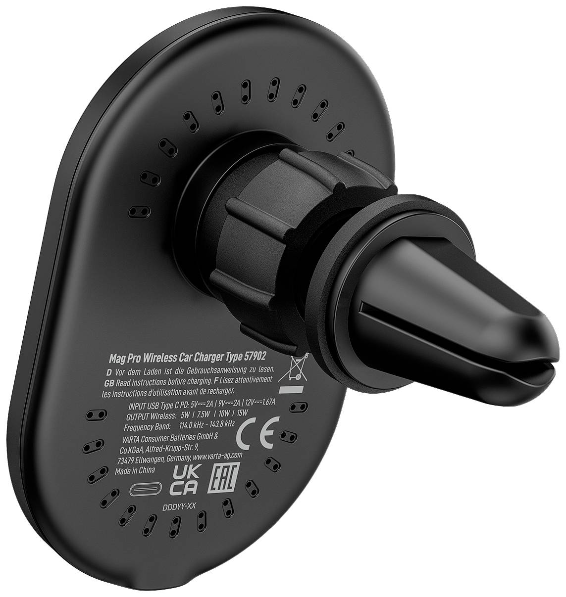 VARTA Mag Pro Wireless Car Charger 15w, Satrk magnet, USB C, LED