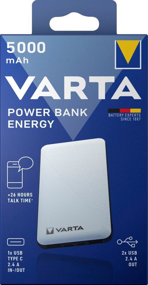 VARTA Power Bank Energy 5000 mAh – Kompakt Powerbank med USB-C, Snabbladdning och Fyra Portar