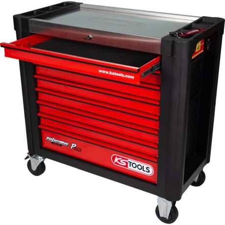 KS Tools Performanceplus Verkstadsvagn P25 – Komplett Premiumlösning med 564 Verktyg i SCS-systeminlägg, 8 Lådor, Svart/Röd