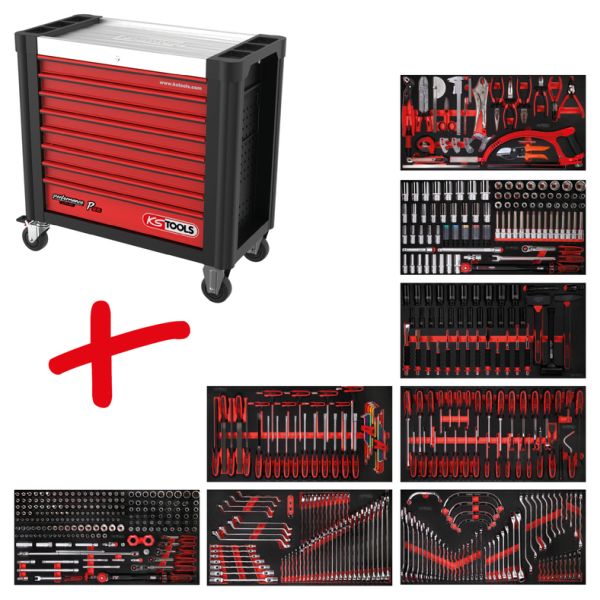 KS Tools Performanceplus Verkstadsvagn P25 – Komplett Premiumlösning med 564 Verktyg i SCS-systeminlägg, 8 Lådor, Svart/Röd