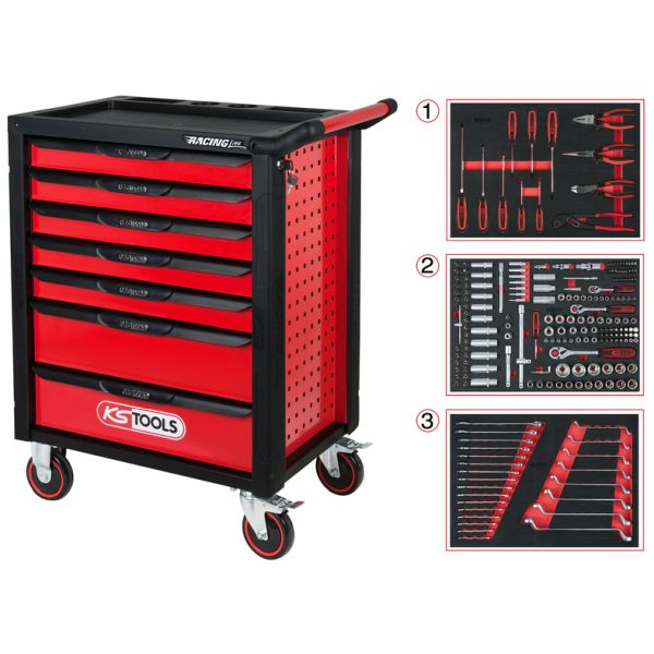 KS Tools RACINGline Verkstadsvagn – Svart/Röd – 7 Lådor med 215 Premiumverktyg
