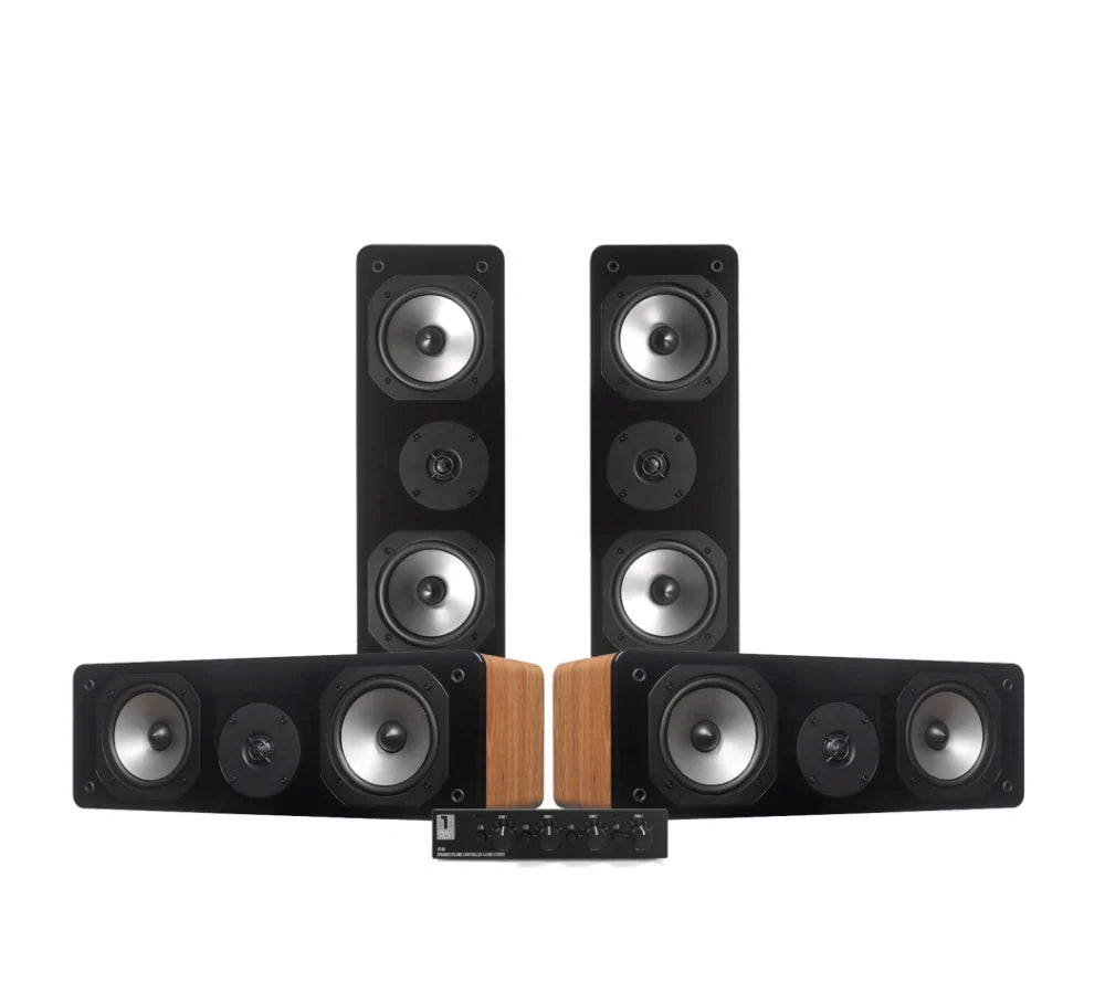 4-pack Dynavoice C-5 i ek med System One SC4B högtalarväxel, garagepaket