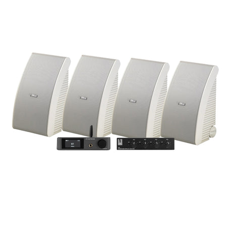 4-pack Yamaha NS-AW592 i vitt med Dynavoice CA802BT och SC4B, utomhuspaket