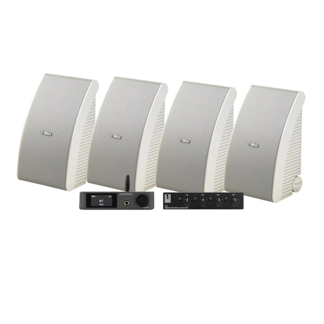 4-pack Yamaha NS-AW592 i vitt med Dynavoice CA802BT och SC4B, utomhuspaket