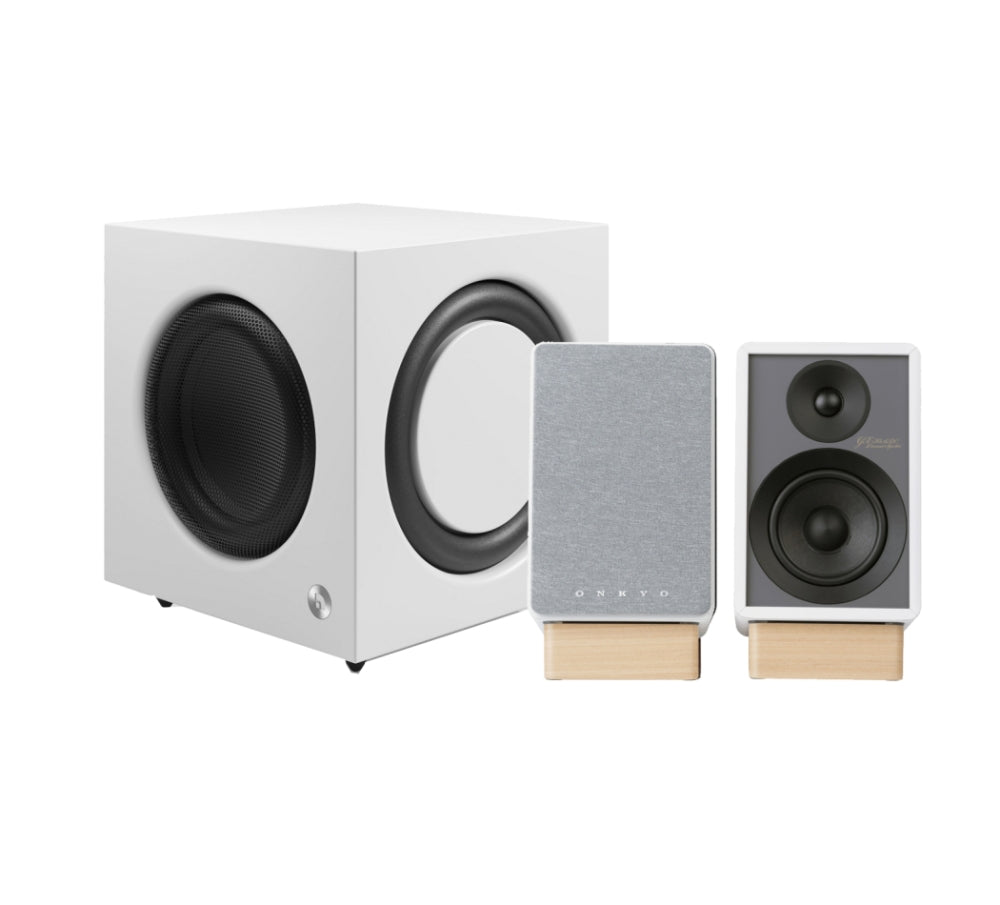 Onkyo GX-30ARC med Audio Pro SW-10, aktivt 2.1 stereopaket i vitt