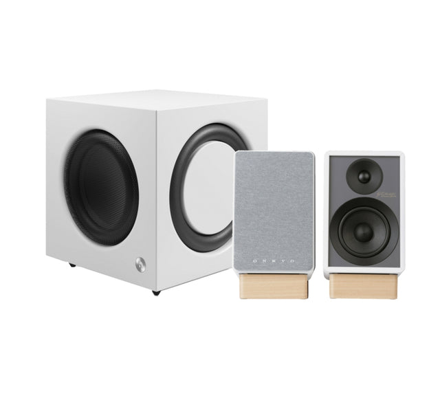 Onkyo GX-30ARC med Audio Pro SW-10, aktivt 2.1 stereopaket i vitt