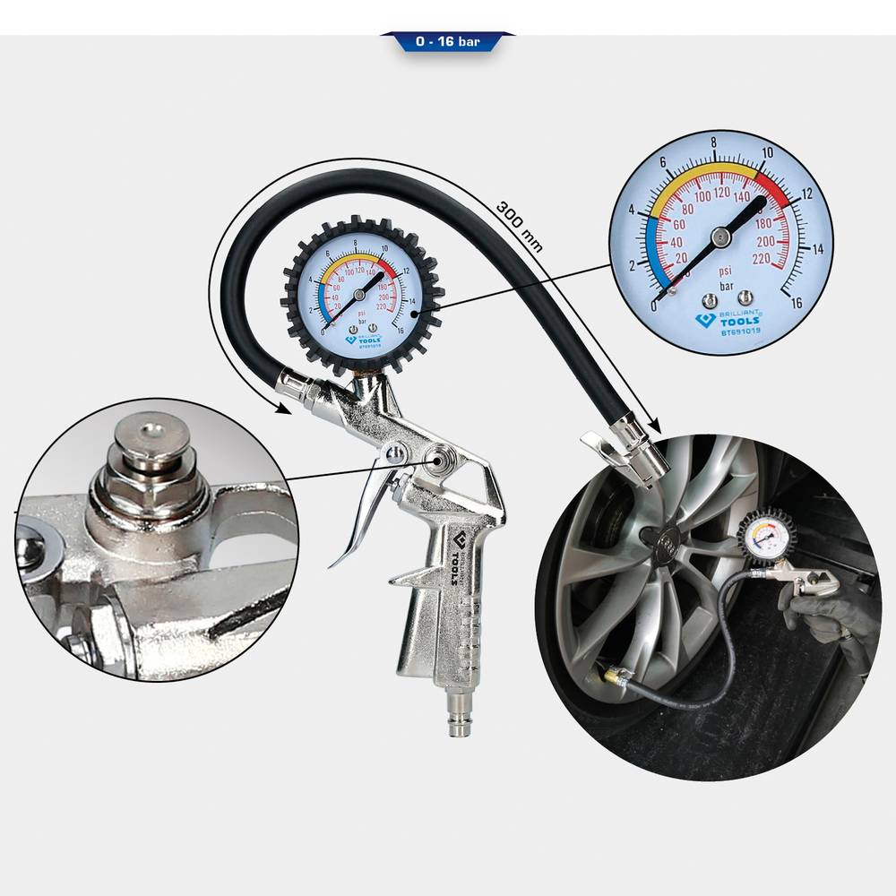 BRILLIANT TOOLS däcktrycksmätare (0–16 bar)