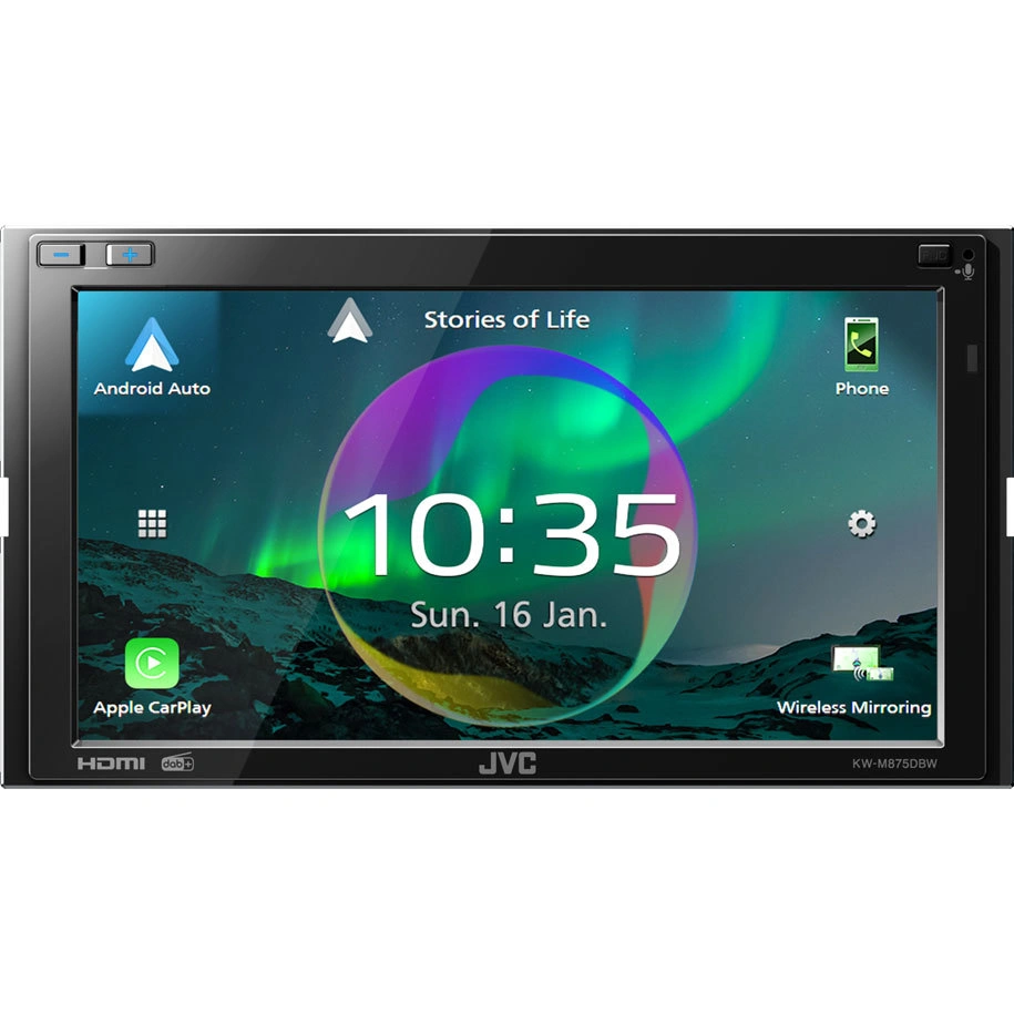 JVC KW-M875DBW, bilstereo med CarPlay, Bluetooth och 3 par (5V) lågnivå