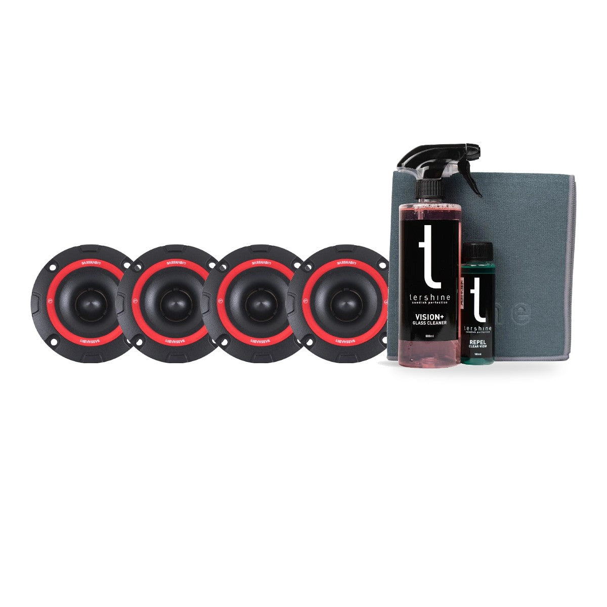 4-pack Bass Habit SPL Play SP25A SPL-diskant med Tershine Glasrengöringspaket